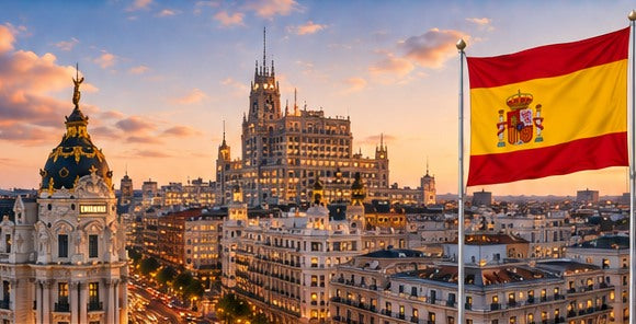 Spain skyline and country flag