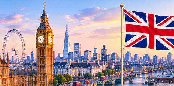 United Kingdom skyline and country flag
