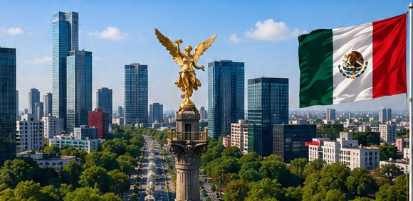 Mexico skyline and country flag