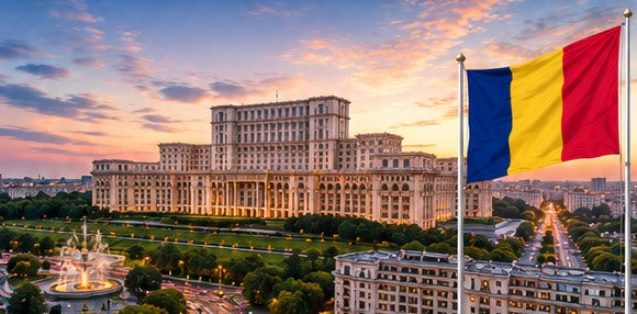 Romania skyline and country flag