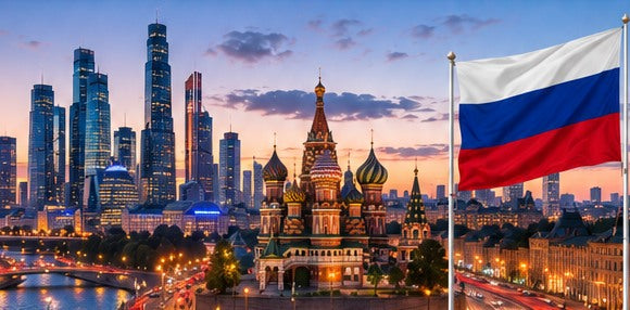 Russia skyline and country flag