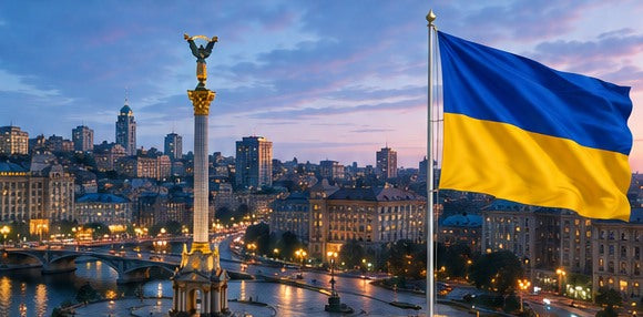 Ukraine skyline and country flag